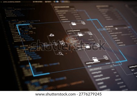 Futuristic database interface with code and digital security icons, showcasing data management, cybersecurity, cloud storage, and network technology in modern software development environment.