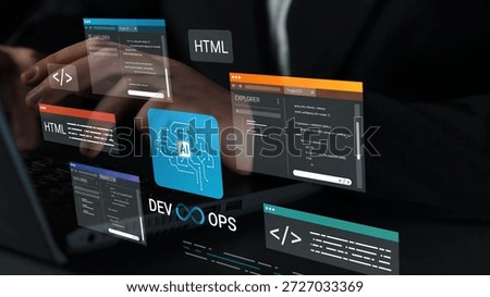 Futuristic DevOps Concept Illustrating Software Development with AI Integration and Simulated Coding Interfaces in a Professional Workspace Gluon.