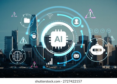 Futuristic digital AI interface with tech icons and cybersecurity elements over a modern city skyline background, concept of smart urban technology