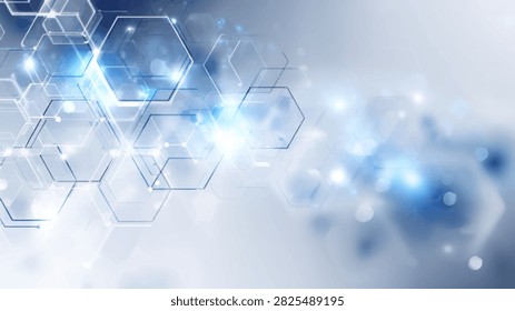 A futuristic digital background featuring interconnected hexagonal shapes and glowing blue lights, symbolizing data networks and advanced technology.