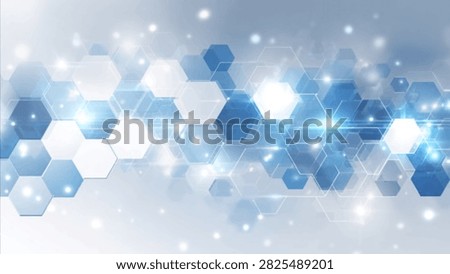 A futuristic digital background featuring interconnected blue and white hexagons with sparkling lights and bokeh effects.