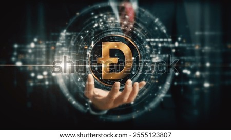 Futuristic digital background highlighting advanced cryptocurrency and encryption technology, featuring blockchain networks and secure cryptographic systems : Doge, Doge coin