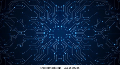 Futuristic digital circuit board background with glowing blue lines and electronic pathways on a dark navy backdrop. The symmetrical layout radiates from the center, representing high-tech connectivit