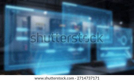 Futuristic digital control panel with glowing blue hologram displays Hightech office.