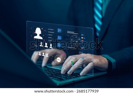 Futuristic digital dashboard interface with user profile, data analytics, and global network visualization on laptop, symbolizing big data, cybersecurity, business intelligence, and modern technology.