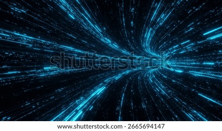 Futuristic Digital Data Tunnel with Glowing Blue Light Trails in Cyber Space