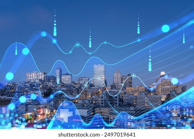 Futuristic digital data visualization with abstract blue lines and dots overlaying a cityscape at dusk. Concept of technology and urban analytics