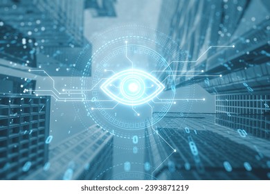 Futuristic digital eye icon overlaying cityscape, symbolizing computer vision and surveillance technology - Powered by Shutterstock