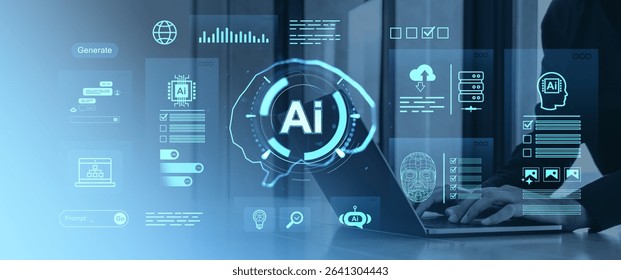 Futuristic digital interface with AI icons and automation symbols over a laptop, on a blue gradient background, symbolizing future technology in business