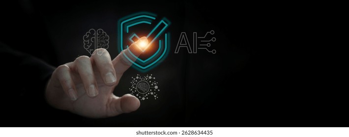A futuristic digital interface with an artificial intelligence security symbol, activated by a fingertip touch, represents the cutting edge of online protection and cybersecurity.