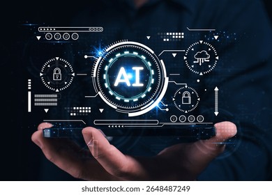 Futuristic digital interface displaying AI technology concepts and cybersecurity icons above a person's hand holding a smartphone.