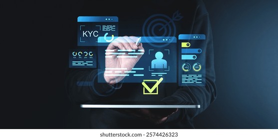 A futuristic digital interface displaying KYC forms, approval checkmarks, and analytics charts. Hand interacting with touch-sensitive elements. KYC concept