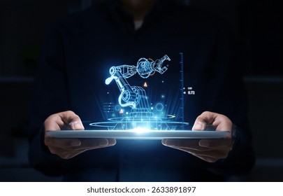 Futuristic digital interface displaying robotic arm innovation with AI integration, symbolizing research, automation, and advanced tech solutions.