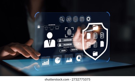 Futuristic Digital Interface Displaying User Authentication Elements with Security Symbols and Information Management for Technology Solutions Quark.