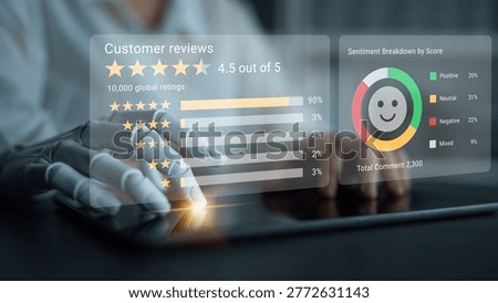 A futuristic digital interface displays customer reviews with robot hand input, showcasing ratings, sentiment scores, and statistical insights for business analysis. Gantry