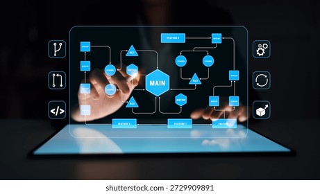 Futuristic digital interface with flowchart and glowing elements displayed on a transparent screen, showcasing innovative technology and connectivity concepts. Quark.