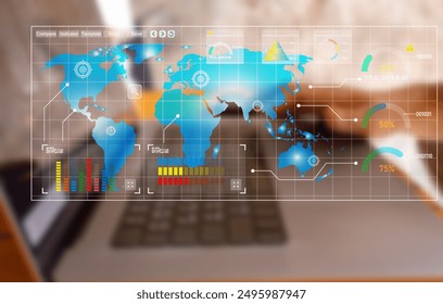 Futuristic digital interface with global business data overlay on a laptop screen, representing technology and virtual communication. - Powered by Shutterstock