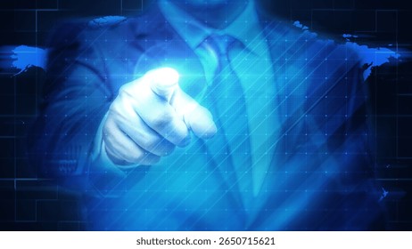 Futuristic Digital Interface with Hand Touching Virtual Display Hologram