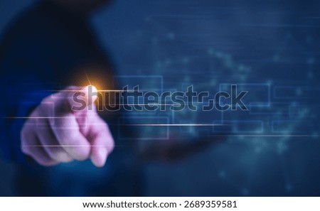 Futuristic digital interface interaction. Person’s hand reaching out and interacting with glowing technology, innovation, digital transformation, and advanced technology