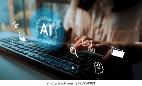 Futuristic digital interface showcasing artificial intelligence concepts with hands typing on keyboard, evolving technology and innovation in modern workspace Gluon.