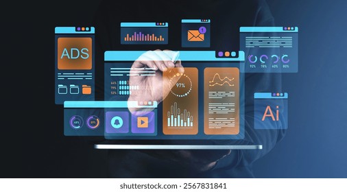 A futuristic digital interface showcasing data analytics, charts, and advertising components on a transparent screen, with a hand interacting, on a dark background. Concept of technology and software
