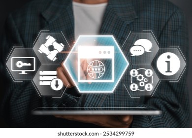Futuristic digital interface showcasing intranet concept with network icons for business communication and data management.