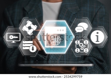 Futuristic digital interface showcasing intranet concept with network icons for business communication and data management.