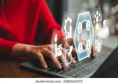Futuristic digital interface showcasing outsourcing concept with business icons on a laptop, symbolizing global collaboration and efficiency.