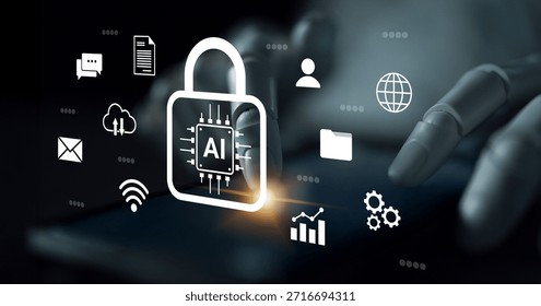 Futuristic digital interface showcasing secure artificial intelligence concepts with lock symbol and various icons representing cybersecurity and protection strategies. Gantry