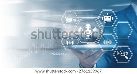 Futuristic digital interface showcasing voice artificial intelligence concepts with interconnected hexagonal icons for communication and data analysis in a global context