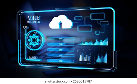 Futuristic digital interface showing agile development stages, cloud upload icon, data charts, and progress metrics on a glowing background