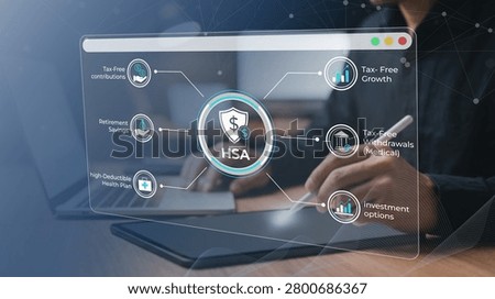 A futuristic digital interface shows key advantages of a Health Savings Account including taxfree contributions growth withdrawals retirement savings and investment options