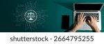 Futuristic digital law interface displaying justice scale, highlighting digital law, AI compliance, digital law systems, and digital law regulations for secure governance. Spline