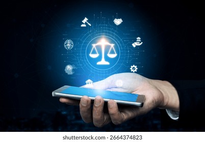 Futuristic digital law interface displaying justice scale, highlighting digital law, AI compliance, digital law systems, and digital law regulations for secure governance. Spline