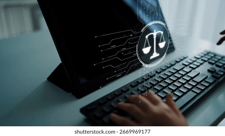 Futuristic digital law interface displaying justice scale, highlighting digital law, AI compliance, digital law systems, and digital law regulations for secure governance. Muxer