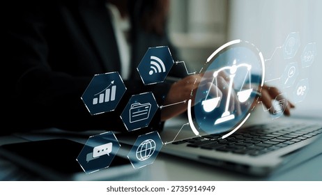 Futuristic digital law interface displaying justice scale, highlighting digital law, AI compliance, digital law systems, and digital law regulations for secure governance. Muxer