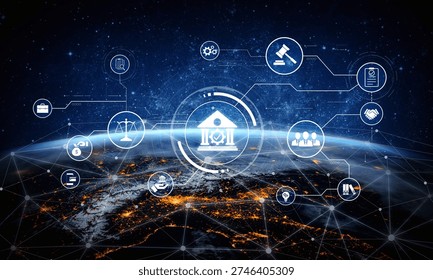 Futuristic digital law interface displaying justice scale, highlighting digital law, AI compliance, digital law systems, and digital law regulations for secure governance. Spline