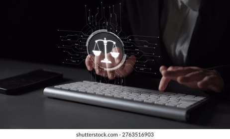 Futuristic digital law interface displaying justice scale, highlighting digital law, AI compliance, digital law systems, and digital law regulations for secure governance. Muxer