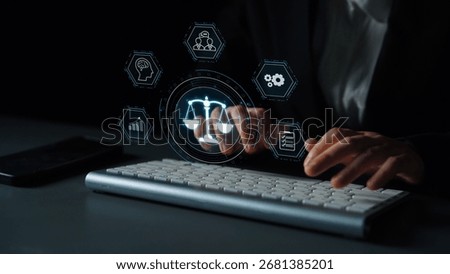 Futuristic digital law interface displaying justice scale, highlighting digital law, AI compliance, digital law systems, and digital law regulations for secure governance. Muxer