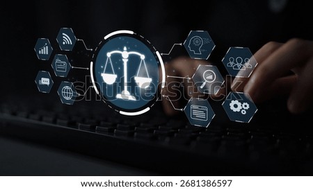 Futuristic digital law interface displaying justice scale, highlighting digital law, AI compliance, digital law systems, and digital law regulations for secure governance. Muxer