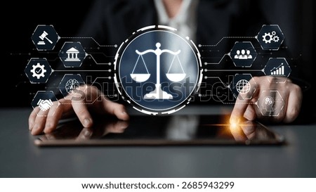 Futuristic digital law interface displaying justice scale, highlighting digital law, AI compliance, digital law systems, and digital law regulations for secure governance. Spline