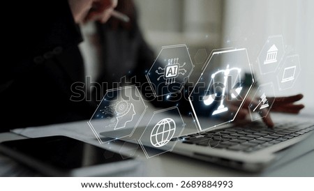 Futuristic digital law interface displaying justice scale, highlighting digital law, AI compliance, digital law systems, and digital law regulations for secure governance. Muxer
