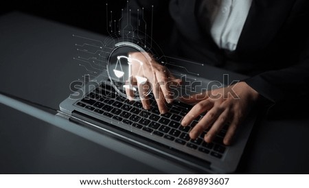 Futuristic digital law interface displaying justice scale, highlighting digital law, AI compliance, digital law systems, and digital law regulations for secure governance. Muxer