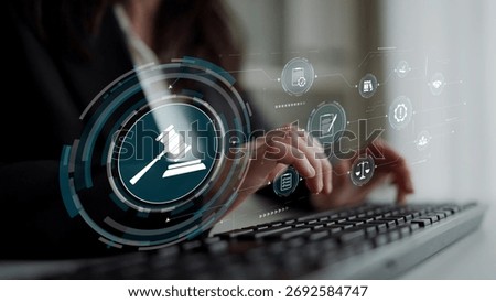 Futuristic digital law interface displaying justice scale, highlighting digital law, AI compliance, digital law systems, and digital law regulations for secure governance. Muxer