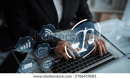 Futuristic digital law interface displaying justice scale, highlighting digital law, AI compliance, digital law systems, and digital law regulations for secure governance. Muxer
