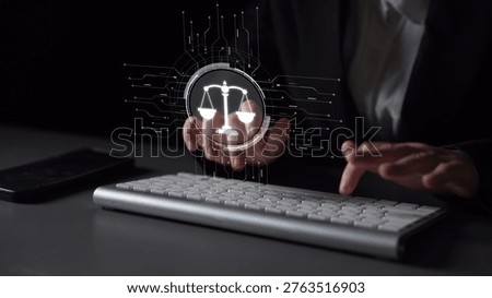 Futuristic digital law interface displaying justice scale, highlighting digital law, AI compliance, digital law systems, and digital law regulations for secure governance. Muxer