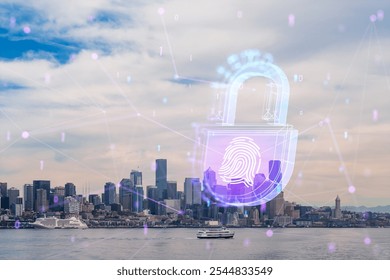 A futuristic digital lock with a fingerprint overlaying the Seattle skyline. Dotted lines and binary code elements. Concept of cybersecurity