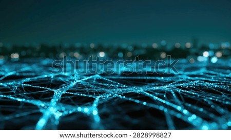 A futuristic digital network with glowing blue connections and nodes, superimposed on a blurred city skyline at dusk.