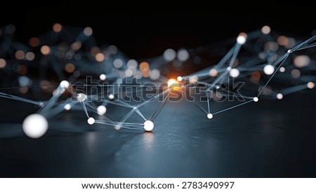 A futuristic digital network with interconnected glowing nodes and lines, representing data flow and connections.
