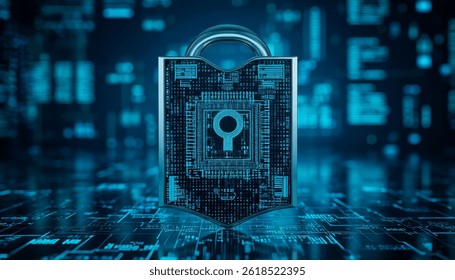 A futuristic digital padlock is prominently displayed, surrounded by a vibrant blue circuit board background, symbolizing cybersecurity and data protection in a modern technological landscape.